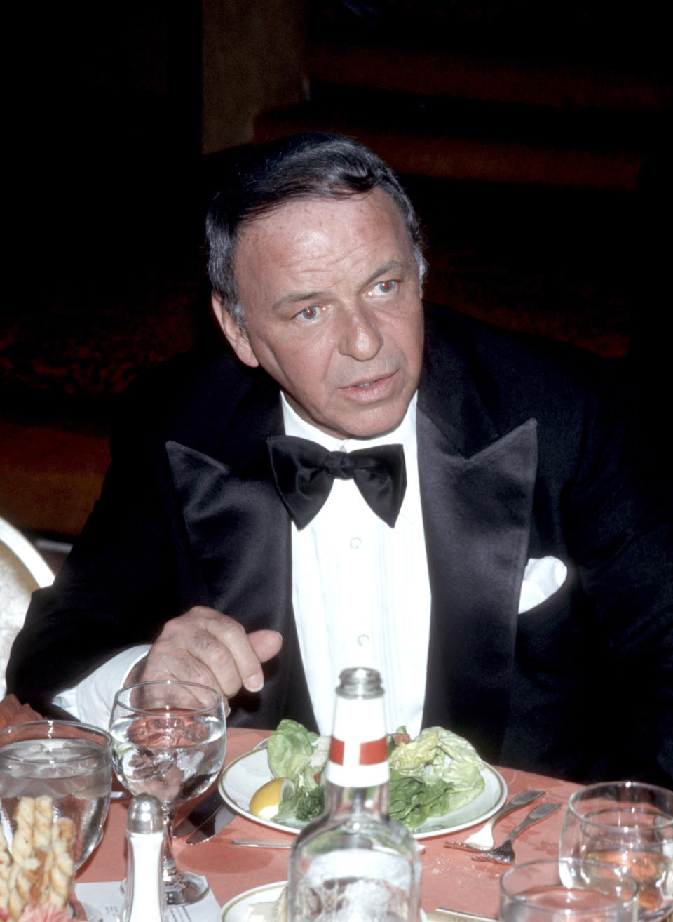 Close-up of Frank sitting at a table with a plate of food in front of him and wearing a bow tie
