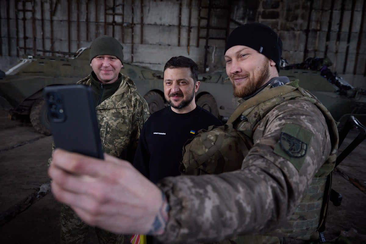 Ukraine’s president Volodymyr Zelensky meeting troops near Bakhmut  (UKRAINIAN PRESIDENTIAL PRESS SER)