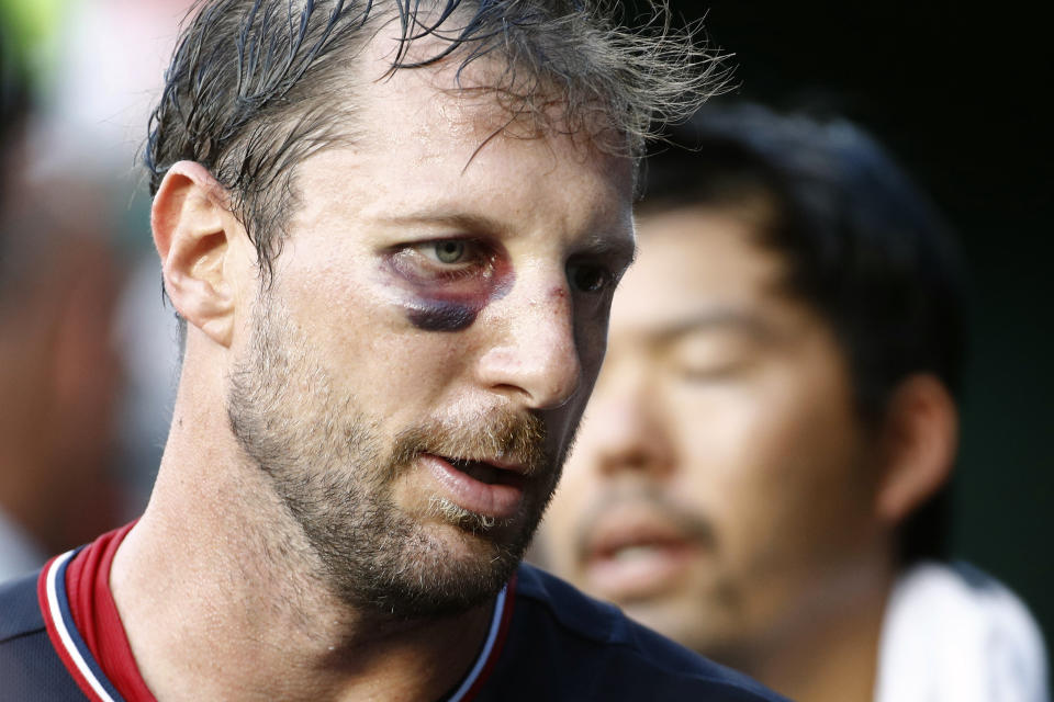 Washington Nationals starting pitcher Max Scherzer walks in the dugout between innings of the second baseball game of a doubleheader against the Philadelphia Phillies, Wednesday, June 19, 2019, in Washington. (AP Photo/Patrick Semansky)