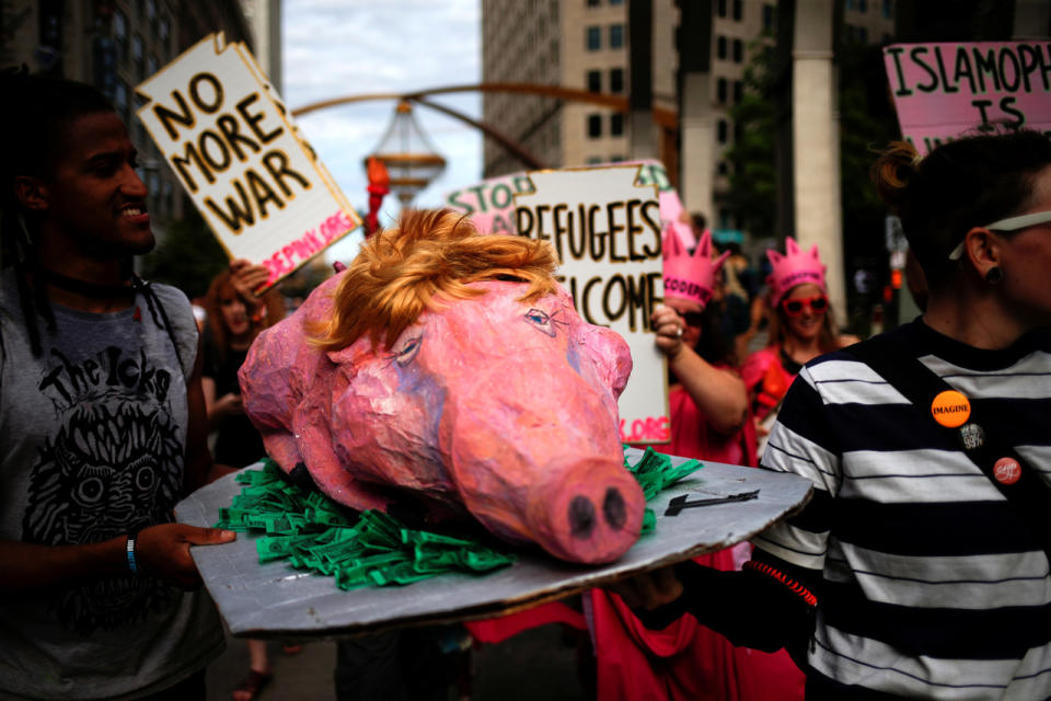 Demonstrators protest outside the RNC