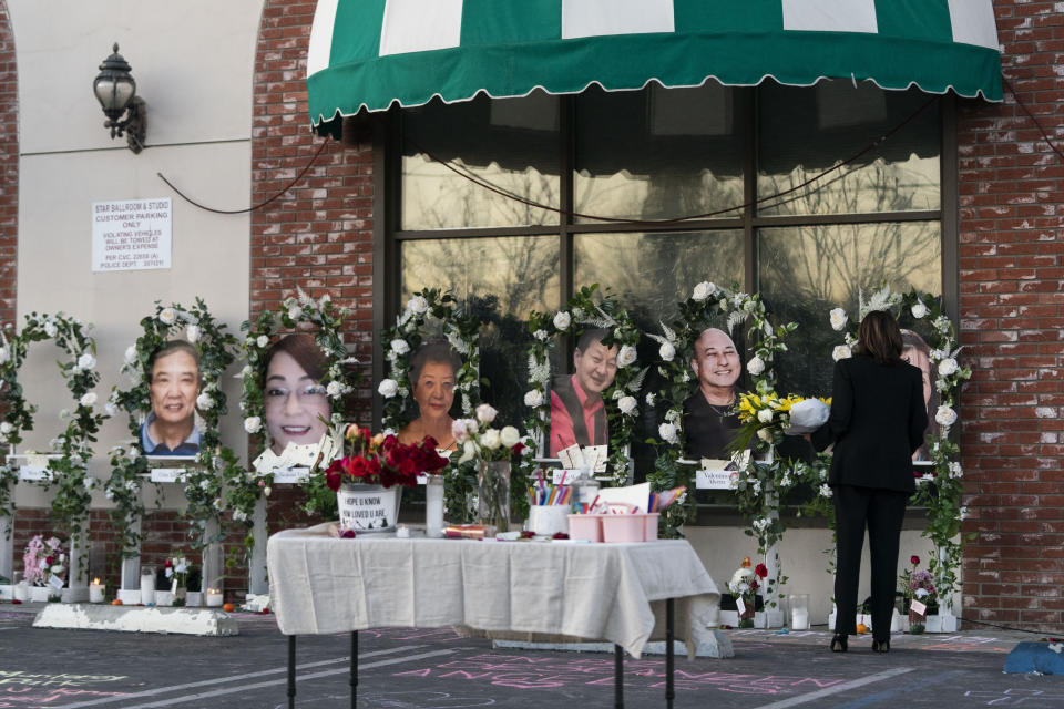 Vice President Kamala Harris visits a memorial set up outside Star Dance Studio in Monterey Park, Calif., Wednesday, Jan. 25, 2023, to honor the victims killed in last week's mass shooting. (AP Photo/Jae C. Hong)