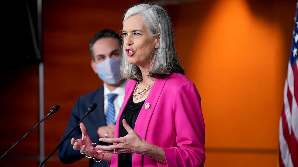 Rep. Katherine Clark (D-Mass.) addresses reporters during a press conference on Wednesday, October 20, 2021 following the closed-door House Democratic Caucus meeting. 