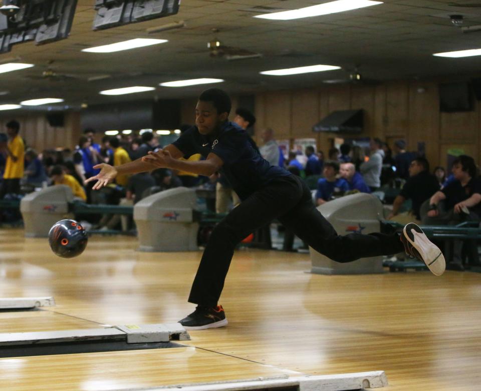 Poughkeepsie's Kyle Duncan bowls in the Section 1 boys bowling championship in Fishkill on February 14, 2024. Duncan rolled a 1,266 to earn a spot on the Section 1 composite team heading to the state tournament.