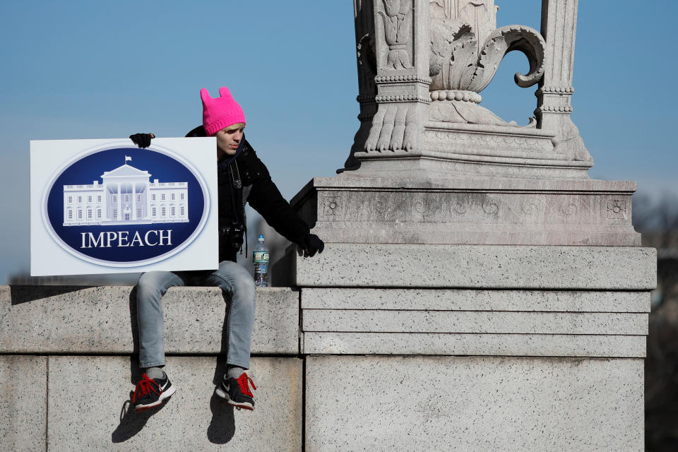 <p>A demonstrator participates in the Second Annual Women’s March in Washington, Jan. 20, 2018. (Photo: Aaron Bernstein/Reuters) </p>