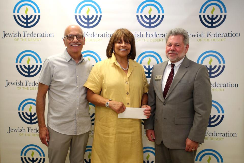 Jewish Federation of the Desert Vice President of Campaign Arnie Gillman, left, Joslyn Senior Center President of the Board of Directors Beverly Fitzgerald, and JFED CEO Alan Potash, during the Grant Distribution Event in Rancho Mirage, Calif., on August 22, 2022. 