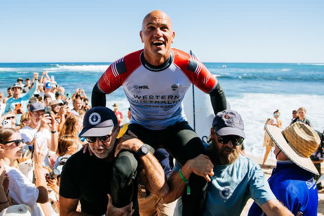 <p>Beatriz Ryder/World Surf League via Getty Images</p> Kelly Slater after surfing at the Wester Australia Margaret River Pro on April 16, 2024.