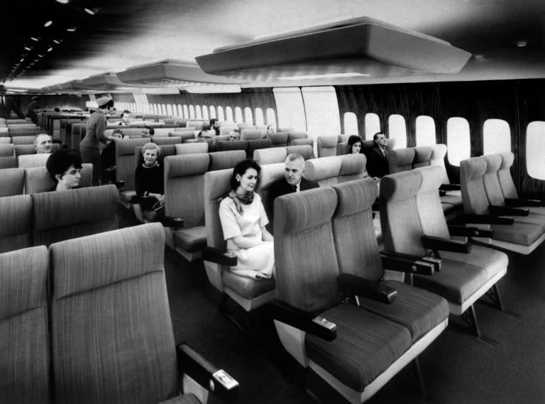 Model of an Air France Boeing 747 Jumbo Jet interior with passengers in September, 1966