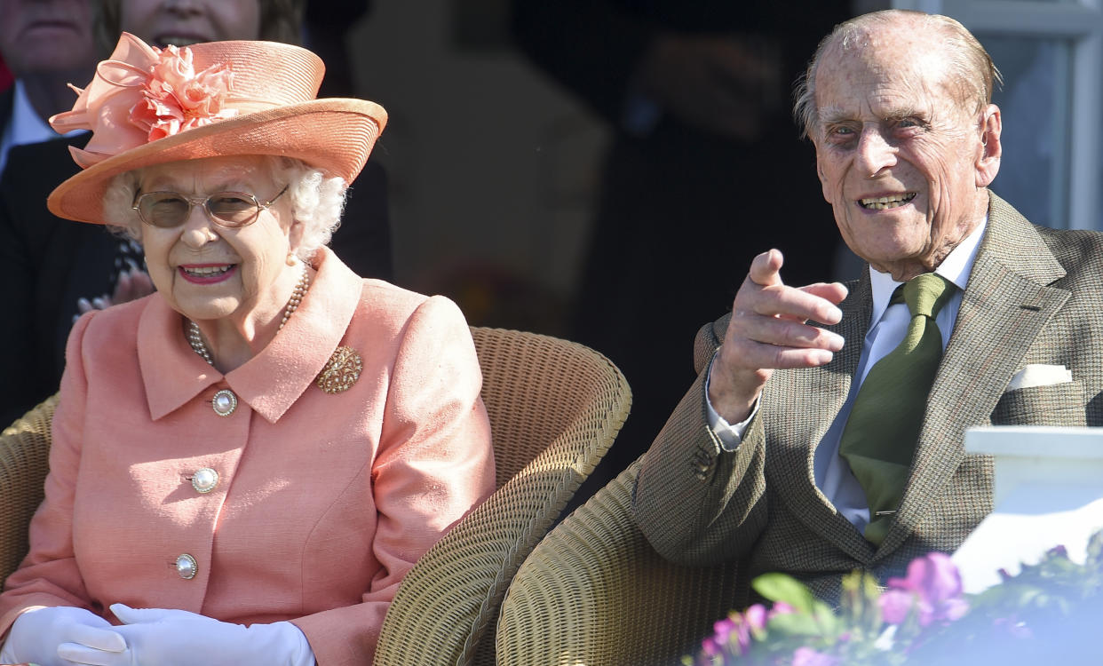 EGHAM, ENGLAND - JUNE 24: Queen Elizabeth II and Prince Philip, Duke of Edinburgh attend The OUT-SOURCING Inc Royal Windsor Cup 2018 polo match at Guards Polo Club on June 24, 2018 in Egham, England. (Photo by Antony Jones/Getty Images)