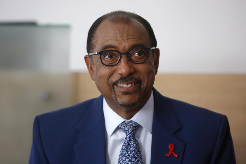 FILE - This Wednesday, July 18, 2018 file photo shows UNAIDS chief Michel Sidibe in Paris, France. Amid an assessment of the agency’s management that found a culture of impunity and “defective leadership,” Sidibe announced he would step down in June 2019, six months before the scheduled end to his term. (AP Photo/Thibault Camus, file)