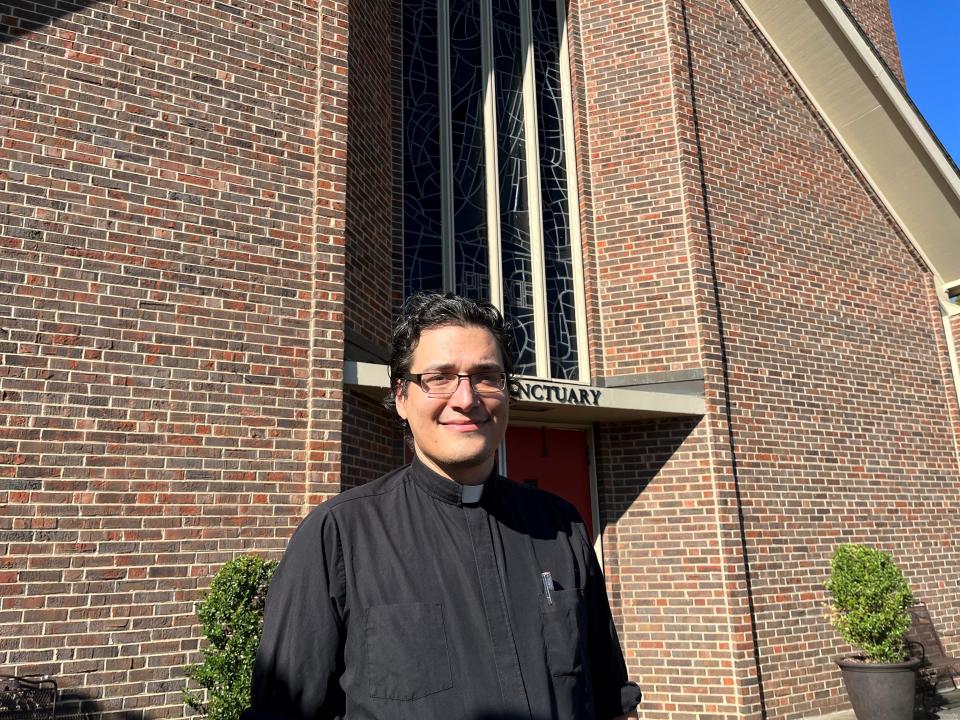 The Rev. Caleb Pitkin, the new pastor at First United Methodist Church on Kingston PIke, stands outside the church on Oct. 3, 2023