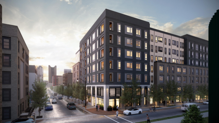 A rendering of a new apartment building coming with phase four of the Library Park project. (Courtesy Photo/The Pizzuti Cos.)