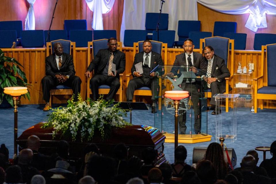 Pastor David Ramjohn gives words of comfort to those in attendance during a celebration of life for former Miami Gardens Mayor Shirley Murray Gibson at New Way Fellowship and Praise Worship Center in Miami Gardens, Florida, on Tuesday, October 24, 2023.