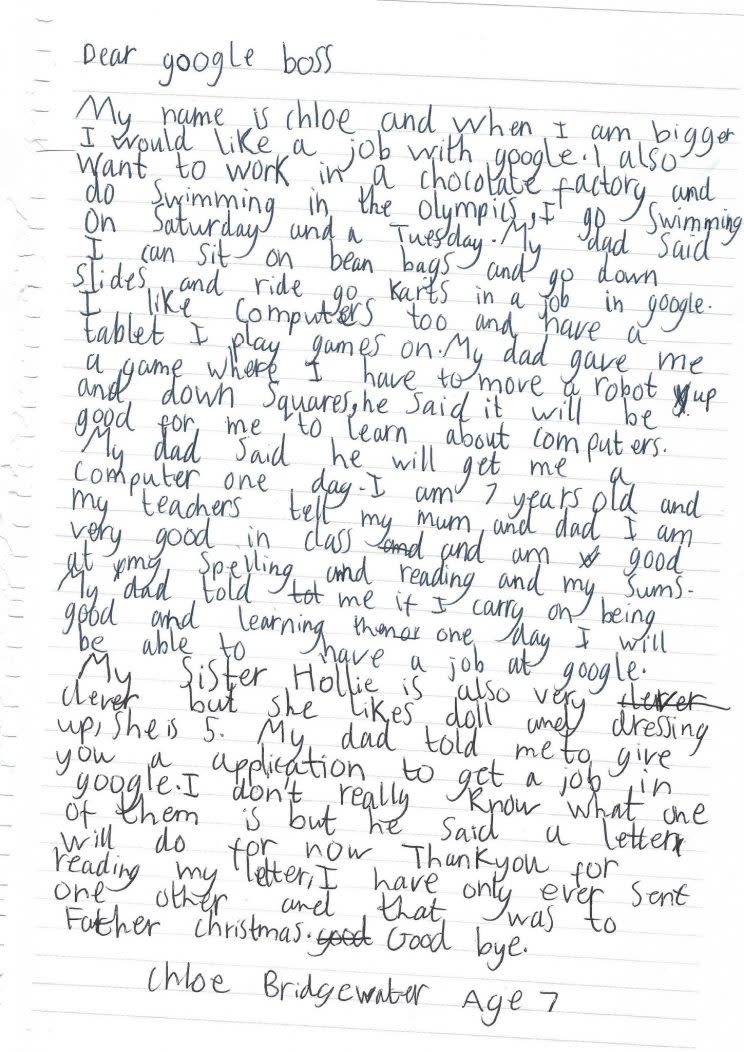 When seven-year-old Chloe Bridgewater said she wanted to work for Google, her dad Andy suggested she write to the tech giant asking for a job. 