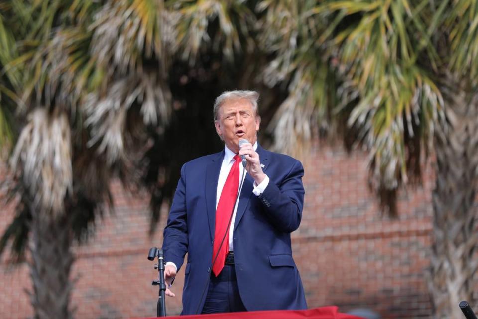 Former President Donald J. Trump addresses the thousands of people who had gathered outside waiting for his arrival at Coastal Carolina University in Conway. Trump is having a presidential campaign rally on Saturday, Feb. 10, 2024 Jason Lee/jlee@thesunnews.com