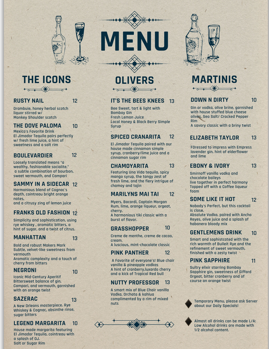 The drink menu at Oliver’s Lounge