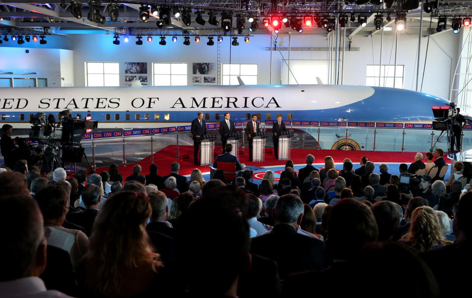 Republican presidential candidates, (L-R) former New York Gov. George Pataki, former Sen. Rick Santorum (Pa.), Louisiana Gov. Bobby Jindal and U.S. Sen. Lindsey Graham (S.C.) stand onstage during the presidential debates at the Reagan Library on Sept. 16, 2015, in Simi Valley, California. Fifteen Republican presidential candidates are participating in the second set of Republican presidential debates.