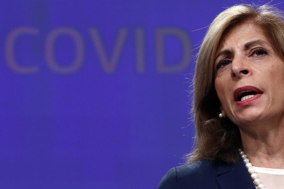 European Commissioner for Health, Stella Kyriakides, speaks regarding the updated coronavirus (COVID-19) risk assessment during a media conference at EU headquarters in Brussels, Thursday, Sept. 24, 2020. (Francois Lenoir, Pool via AP)