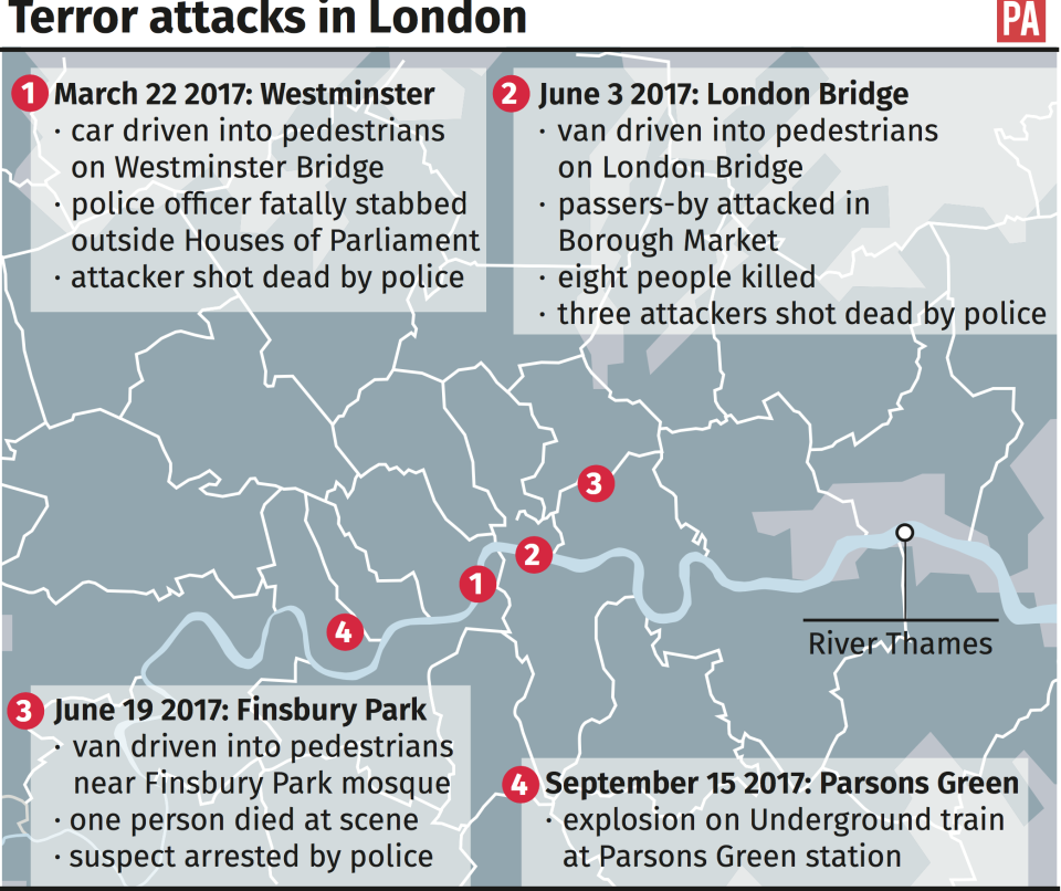 Where the previous London terror attacks have taken place this year (PA)