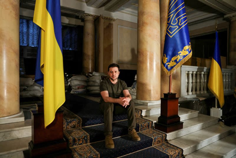 FILE PHOTO: Ukrainian President Volodymyr Zelenskiy poses after an interview with Reuters in Kyiv