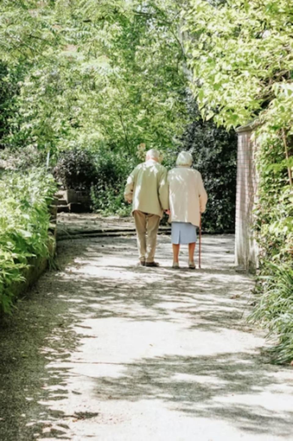 Elderly couple walking through forest