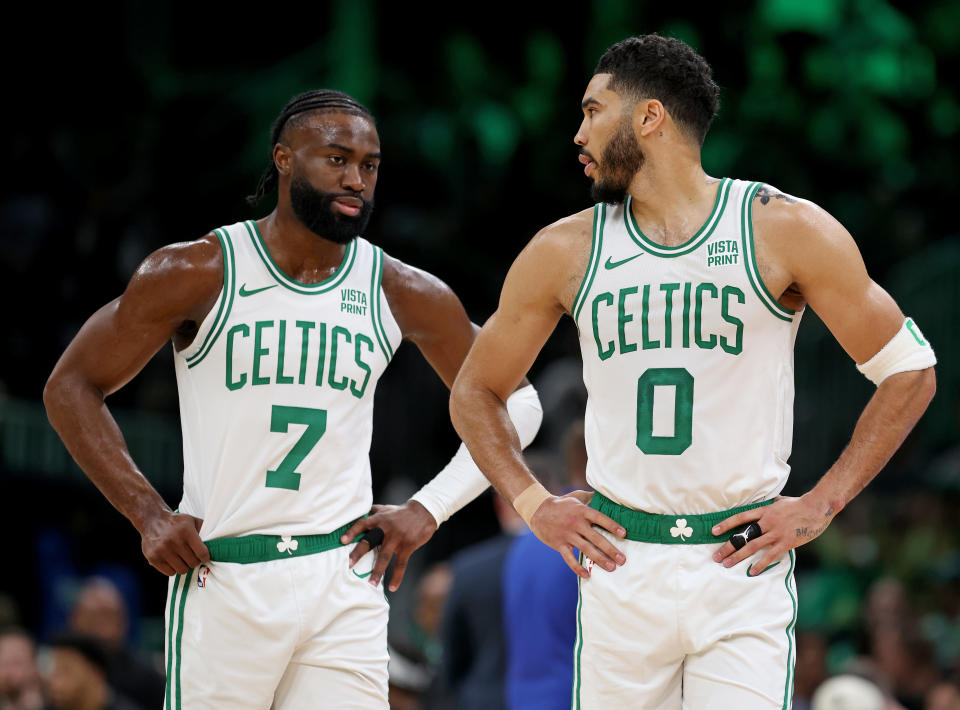Boston, MA - May 7: Jaylen Brown #7 and Jayson Tatum #0 of the Boston Celtics during the first half of the Eastern Conference Semifinals   (Photo by Matt Stone/MediaNews Group/Boston Herald via Getty Images)