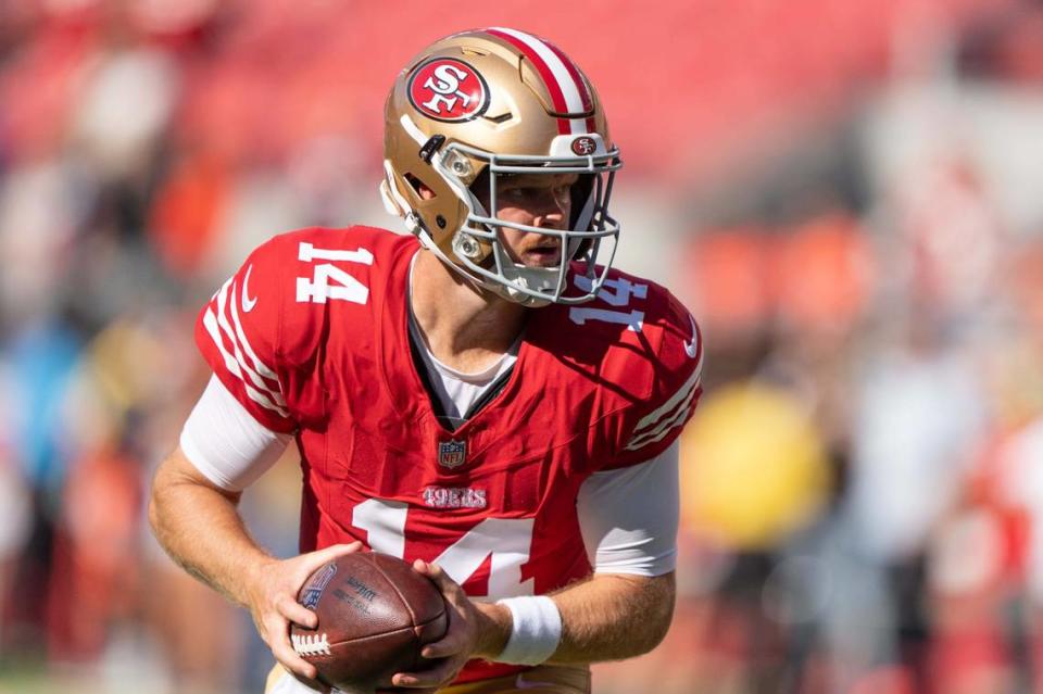 Aug 19, 2023; Santa Clara, California, USA; San Francisco 49ers quarterback Sam Darnold (14) warms up before the start of the first quarter against the Denver Broncos at Levi’s Stadium. Mandatory Credit: Stan Szeto-USA TODAY Sports Stan Szeto/Stan Szeto-USA TODAY Sports