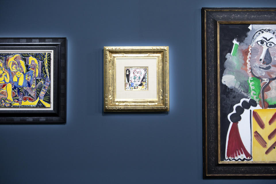 Works by Pablo Picasso are displayed for auction at the Bellagio hotel and casino Saturday, Oct. 23, 2021, in Las Vegas. Sotheby's and the MGM Resorts Fine Art Collection hosted the auction, which raised $109 million from eleven pieces. (AP Photo/Ellen Schmidt)