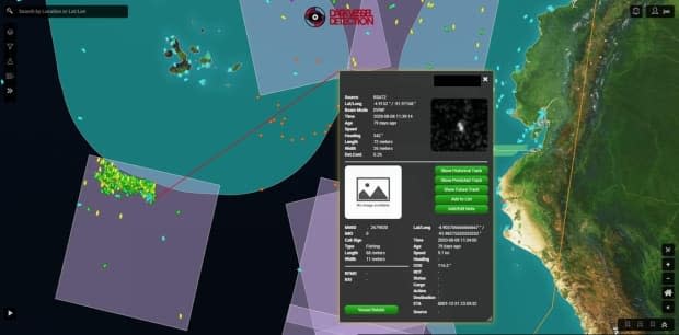 The Dark Vessel Detection system can be used to find ships that have switched off their AIS (automated information system) transmitters to evade authorities. This image shows a significant fleet off the Ecuador boundary, near the Galapagos Islands.