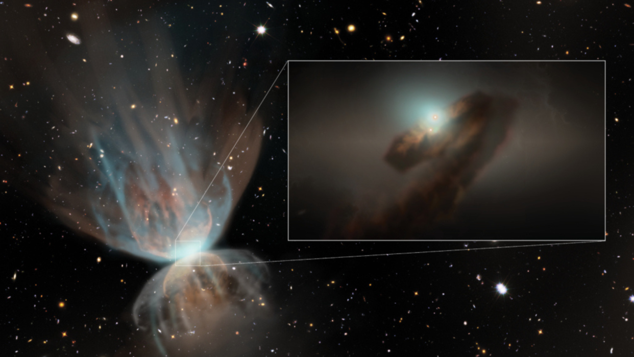  Artist's impression of the large-scale view of FU~Ori. The image shows the outflows produced by the interaction between strong stellar winds powered by the outburst and the remnant envelope from which the star formed. The stellar wind drives a strong shock into the envelope, and the CO gas swept up by the shock is what the new ALMA revealed. 