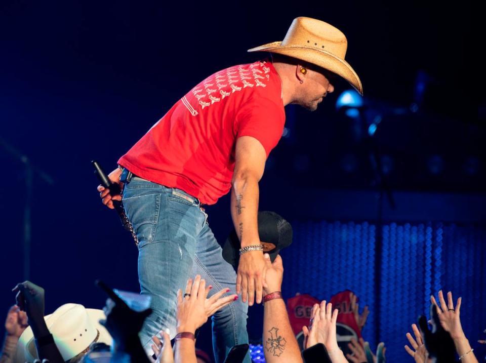 Jason Aldean works the crowd during his concert at Raleigh, N.C.’s Coastal Credit Union Music Park at Walnut Creek, Friday night, Aug. 11, 2023.