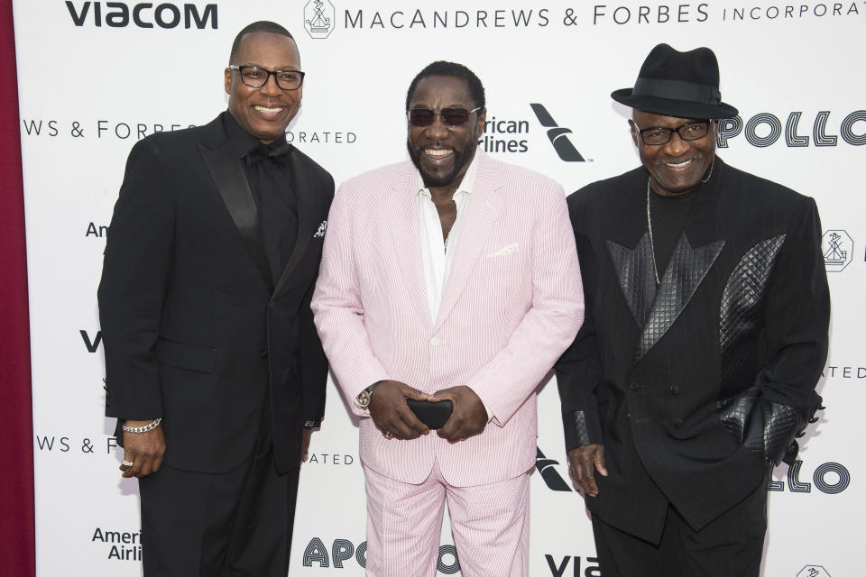 FILE - In this June 13, 2016 file photo, members of the group The O'Jays, from left, Eric Grant, Eddie Levert and Walter Williams attend the 2016 Apollo Theater Spring Gala in New York. The Rock and Roll Hall of Fame inductees known for the classic song "Love Train" on Friday released the politically charged single “Above the Law,” which explores racial and class inequality. The single will be part of the group’s final studio album, “The Last Word,” which is their first original material in almost 20 years and is set for release Feb. 22. (Photo by Charles Sykes/Invision/AP, File)