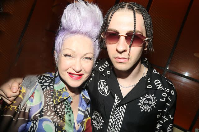 <p>Bruce Glikas/Getty </p> Cyndi Lauper and son Declyn