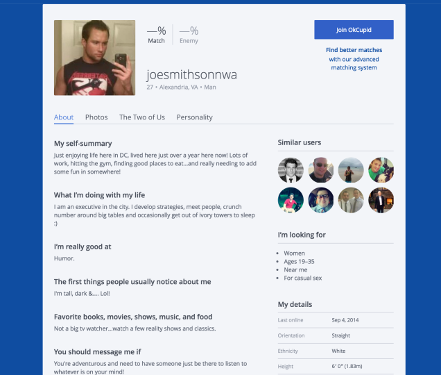 Screenshot of an OKCupid account allegedly belonging to Josh Duggar. Photo: Gawker