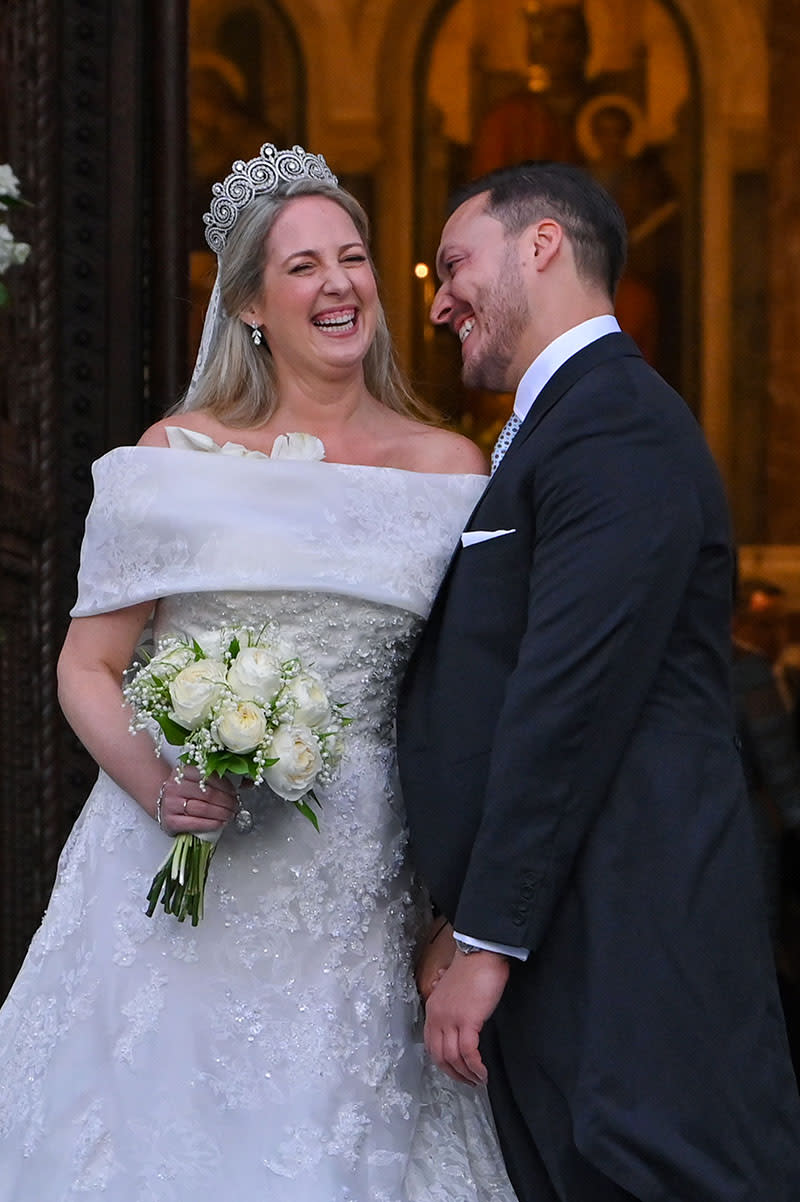 ATHENS, GREECE - SEPTEMBER 28: Princess Theodora daughter of former King of Greece Constantine II, and her husband Matthew Kumar leave the Athens' Orthodox Cathedral following their wedding ceremony at the Metropolis Greek Orthodox Cathedral on September 28, 2024 in Athens, Greece. (Photo by Milos Bicanski/Getty Images)