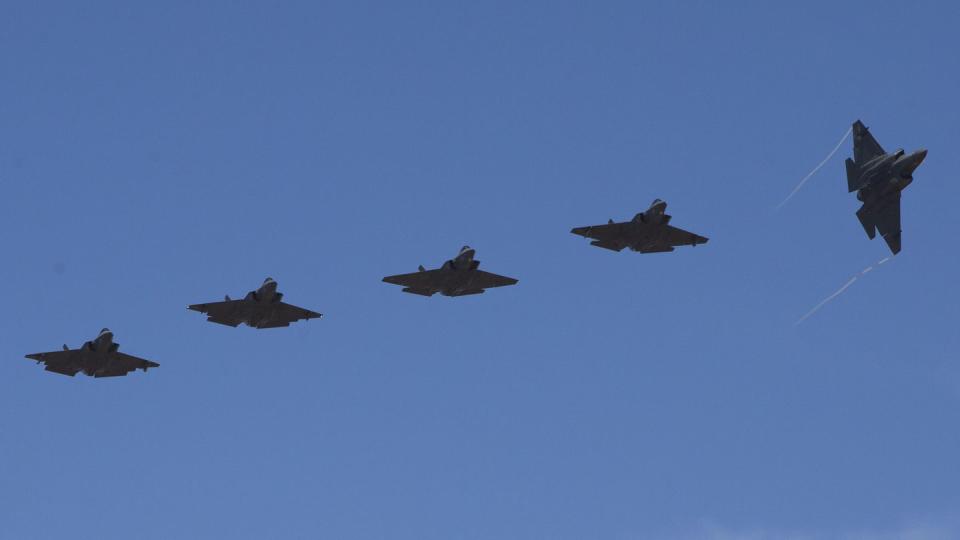F-35C Lightning IIs with Marine Fighter Attack Squadron 314, Marine Aircraft Group 11, 3rd Marine Aircraft Wing (MAW), return to Marine Corps Air Station Miramar after a deployment aboard the USS Abraham Lincoln, Aug. 9, 2022. (Cpl. Sean Potter/US Marine Corps)