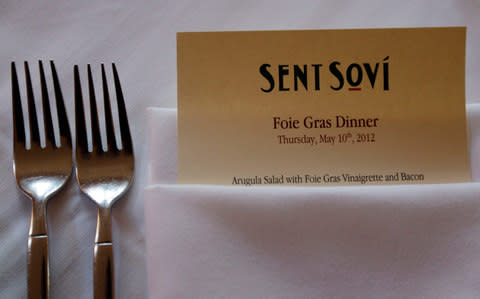 A foie gras-based menu is displayed at Sent Sovi restaurant in Saratoga, Caliifornia - Credit: Marcio Jose Sanchez/AP