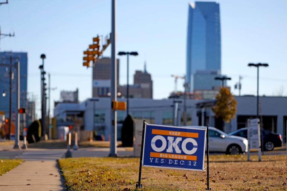 A sign in support of a new arena for Oklahoma City is seen Dec. 5 at the corner of NW 13 and Broadway in Oklahoma City.