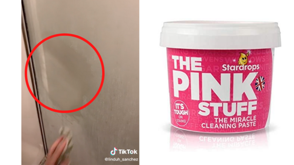 Meanwhile on TikTok, someone used The Pink Stuff to get the scum off his shower screen. Photo: TikTok/linduh_sanchez