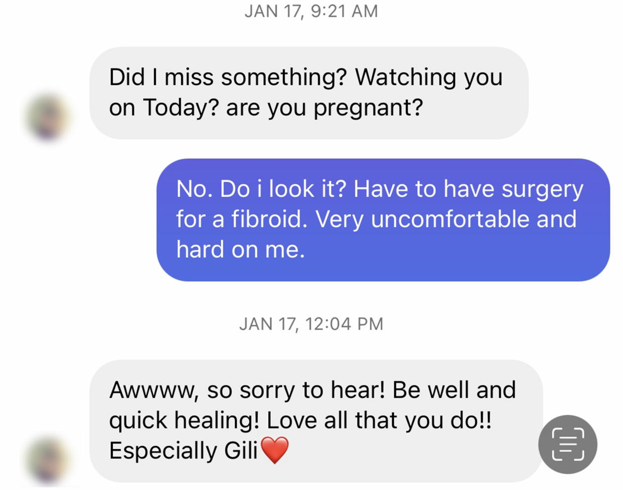 As her fibroids grew, Jill Martin began getting messages like these. (Courtesy Jill Martin)