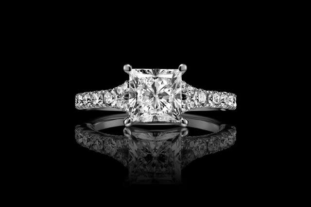 <p>Courtesy of Zales</p> Vera Wang and Zales LOVE collection Princess cut diamond ring