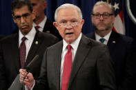 U.S. Attorney General Jeff Sessions speaks at a news conference with other law enforcement officials to announce enforcement efforts against Cartel Jalisco Nueva Generacion (CJNG) at the Justice Department in Washington, U.S., October 16, 2018. REUTERS/Yuri Gripas