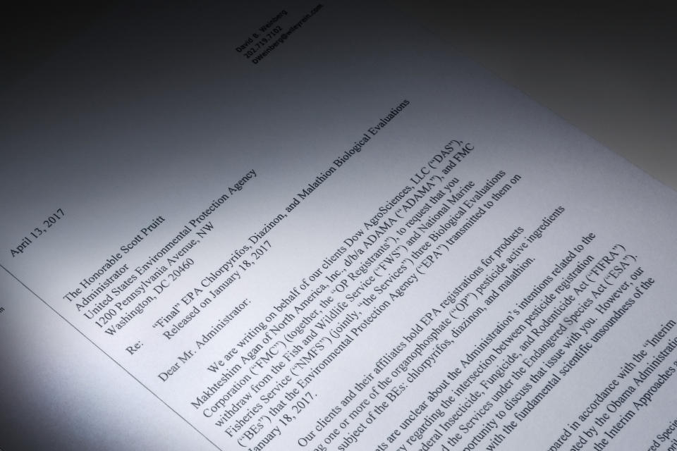 This letter, obtained by the Associated Press and photographed in the news agency’s Washington bureau in April 2017, was sent to EPA Administrator Scott Pruitt by attorneys representing Dow Chemical asking the EPA “to set aside” the results of government studies they said were fundamentally flawed. (Photo: AP)