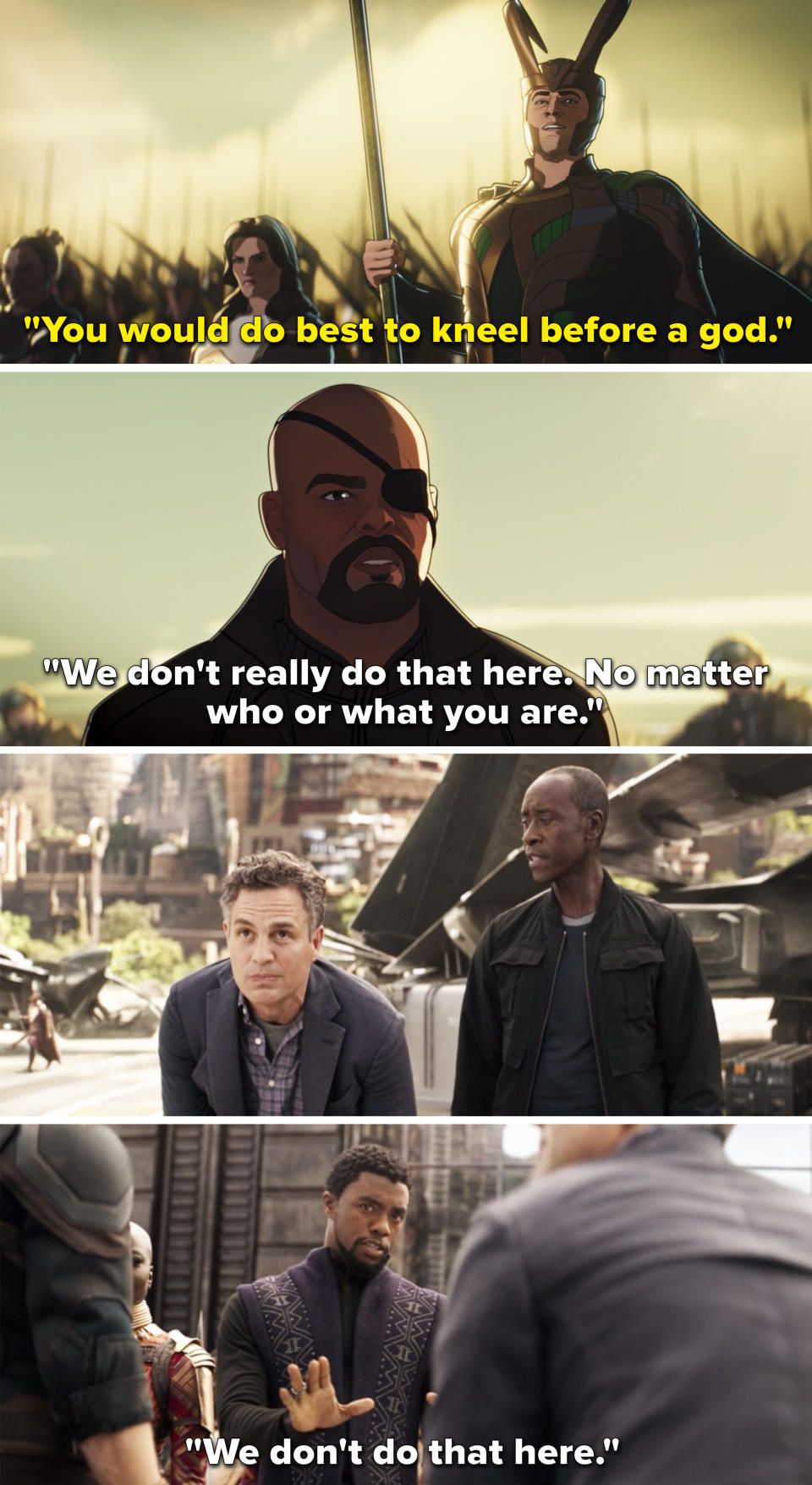 Fury and T'Challa both saying, "We don't do that here"