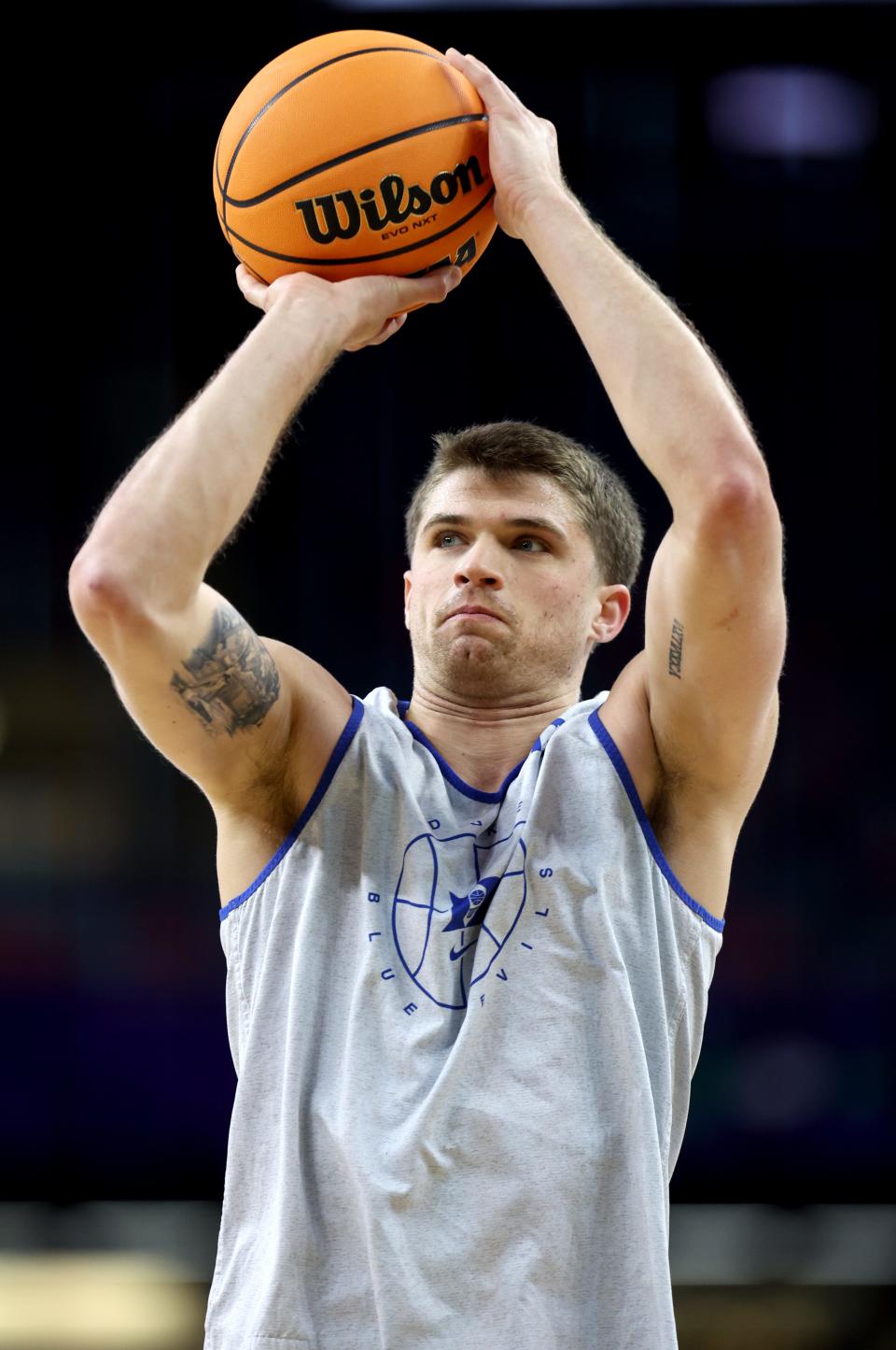 NEW ORLEANS, LOUISIANA - APRIL 01: Joey Baker #13 of the Duke Blue Devils shoots the ball during practice before the 2022 Men's Basketball Tournament Final Four at Caesars Superdome on April 01, 2022 in New Orleans, Louisiana. (Photo by Jamie Squire/Getty Images)