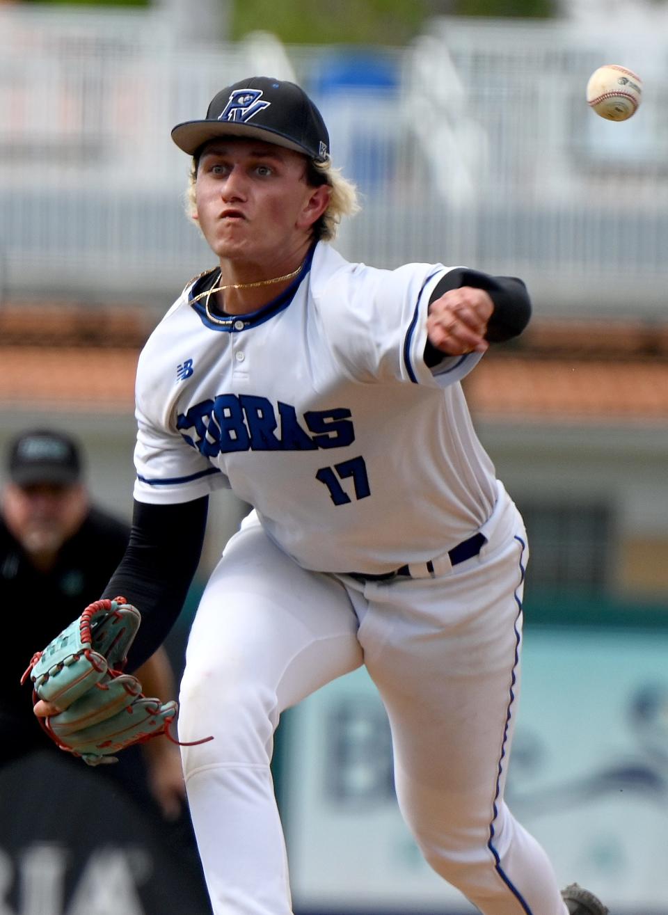 Park Vista pitcher Ethan Mattison(17) during their game with Plant in a boys 7A baseball state semi championship matchup in Fort Myers, Fla., Tuesday , May 23, 2023.  (Photo/Chris Tilley)