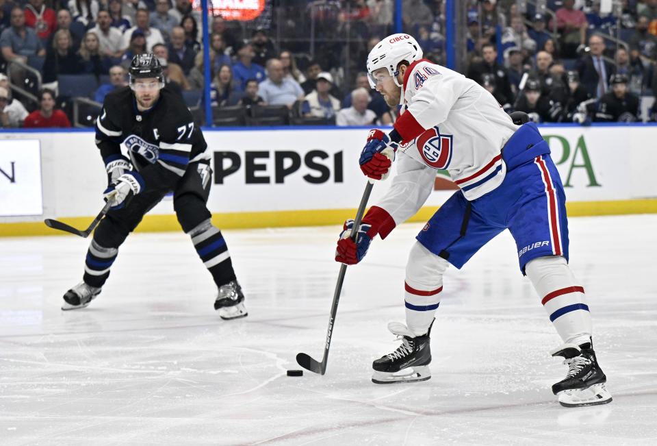 Montreal Canadiens right wing Joel Armia (40) scores during the first period of an NHL hockey game against the Tampa Bay Lightning Saturday, March 2, 2024, in Tampa, Fla. (AP Photo/Jason Behnken)