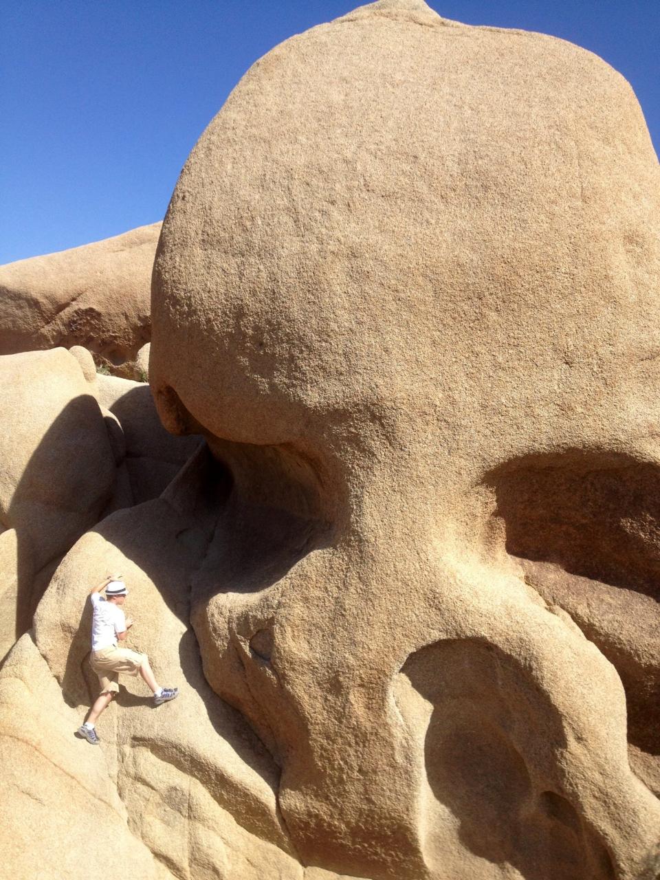 
The aptly named Skull Rock dwarfs a visitor in May at Joshua Tree National Park. 
