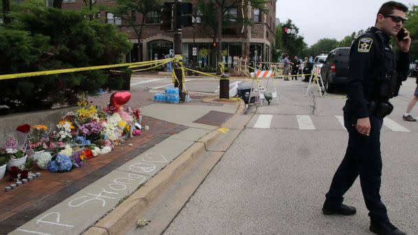 PHOTO: In this July 6, 2022, file photo, the area is blocked off by police where the deadly shooting occurred during an annual 4th of July parade on Central Avenue in Highland Park, Ill. (Alexandra Buxbaum/Sipa USA via AP, FILE)