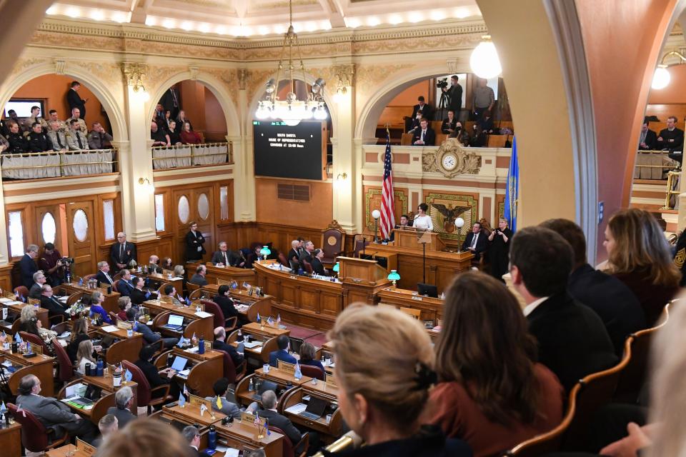 Lawmakers listen as Governor Kristi Noem gives the State of the State address on Tuesday, January 11, 2022, at the South Dakota State Capitol in Pierre.