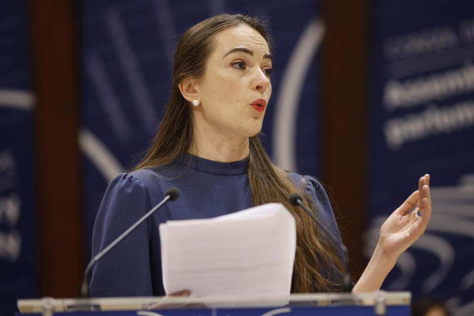 Oleksandra Matviichuk, an Ukrainian human rights lawyer, head of the Center for Civil Liberties and 2022 Nobel Peace Prize laureate, speaks during a session at the Council of Europe Parliamentary Assembly (PACE) in Strasbourg, eastern France, Thursday, Jan.26, 2023. The Council of Europe Parliamentary Assembly is holding an urgent debate on the legal and human rights aspects of the Russian's aggression against Ukraine. (AP Photo/Jean-Francois Badias)